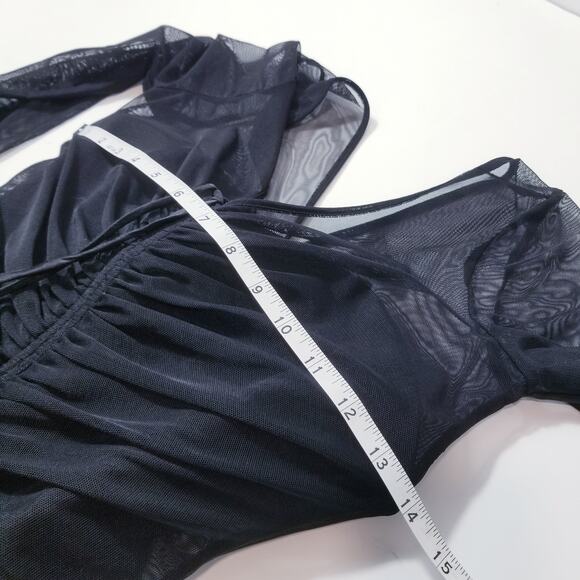 Cinq a Sept Black Ruched Mesh Mini Bodycon Dress Long Sleeves Plunging Neckline - Picture 6 of 12